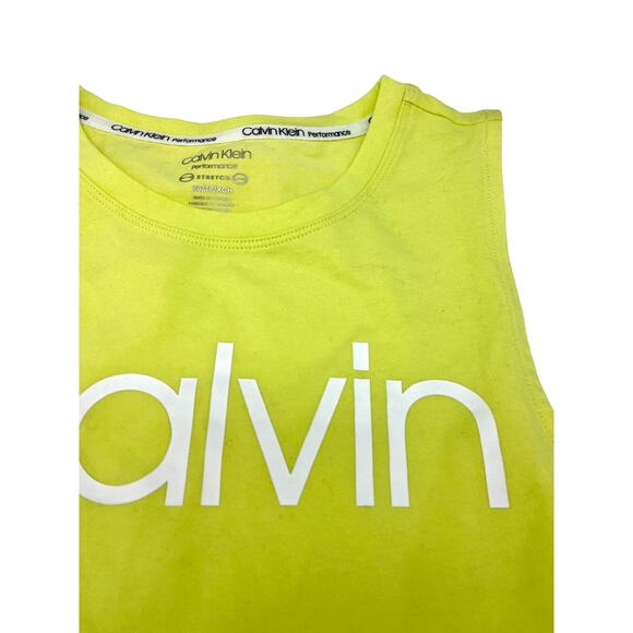 Calvin Klein Women's Neon Stretch Yellow Logo Crop Dance Gym Tank Top XS NEW - Picture 3 of 3